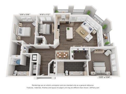 Floor plan for 3 beds, 2 baths, 1606 sqft
